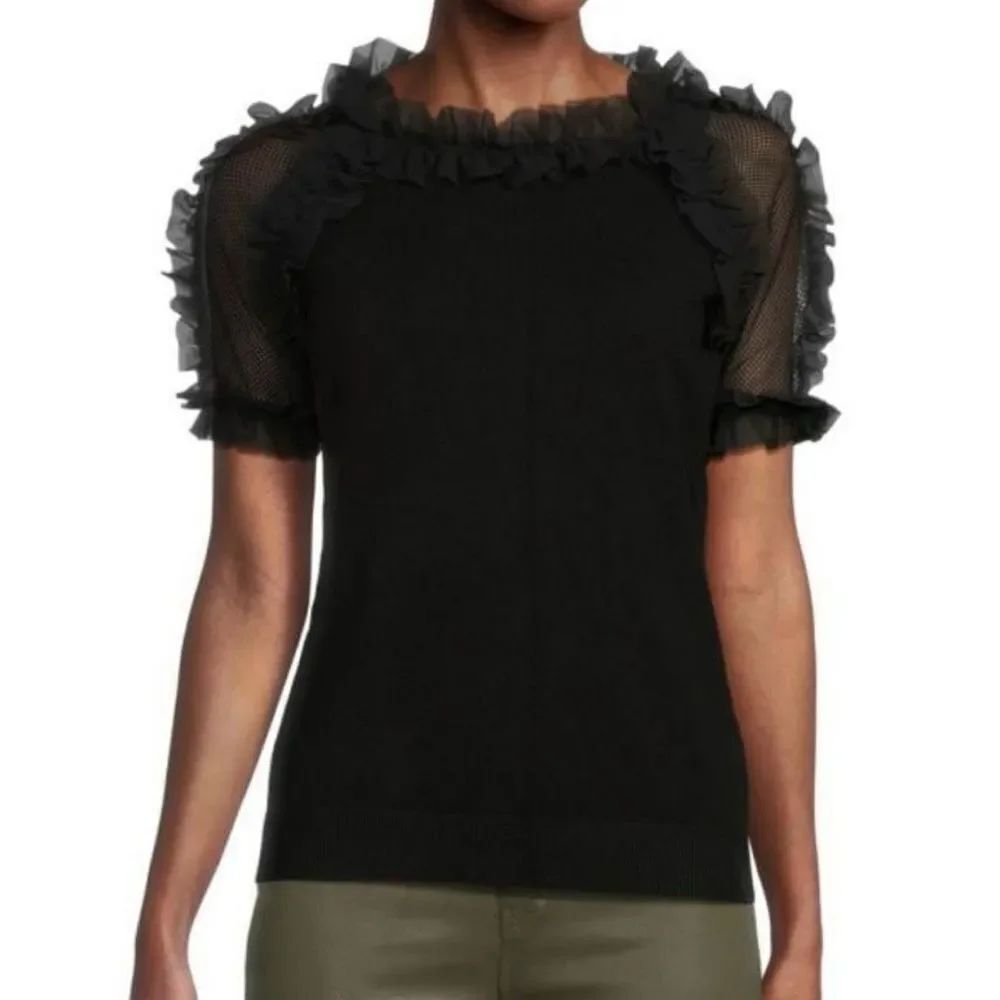 SIONI Black Mixed Media Mesh & Ruffle
Short Sleeve Roundneck Top Sweater XL